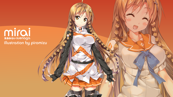 イラスト 1920x1080 と mirai millenium suenaga mirai 白羽 奈尾 ソロ 長髪 highres simple background 茶色の髪 wide image 茶目 三つ編み eyes closed inscription zoom layer orange background 女の子