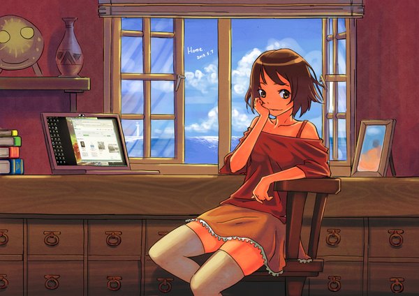 Anime picture 2000x1414 with original make days single highres short hair smile brown hair sitting bare shoulders brown eyes sky cloud (clouds) wind girl thighhighs white thighhighs window book (books) chair shelf