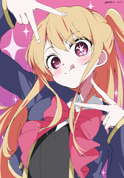 Anime picture 2864x4093 with oshi no ko hoshino ruby white gorilla (okamoto) single long hair tall image looking at viewer blush fringe highres simple background blonde hair hair between eyes signed upper body head tilt pink eyes arm up twitter username symbol-shaped pupils