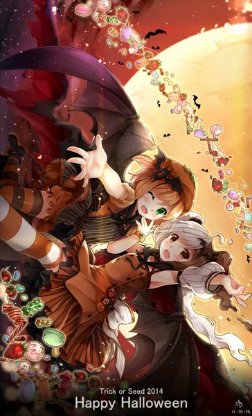 Anime picture 607x1000 with original ninjinshiru tall image blush short hair blonde hair multiple girls brown eyes green eyes white hair one eye closed wink halloween girl thighhighs dress hair ornament 2 girls animal wings