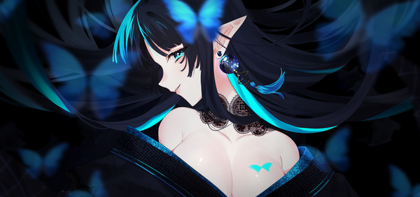 Anime picture 2400x1130 with original naomasap single long hair looking at viewer fringe highres breasts light erotic black hair simple background smile wide image large breasts bare shoulders upper body traditional clothes parted lips japanese clothes profile