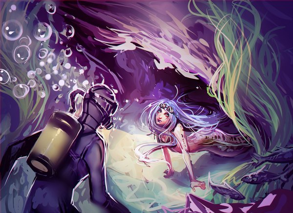 Anime picture 1200x872 with original tagme (artist) long hair blue eyes underwater girl boy water sea bubble (bubbles) fish (fishes) mermaid algae scuba