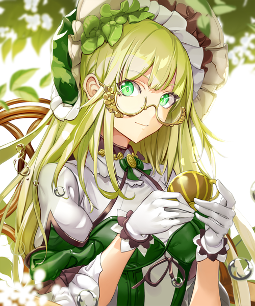 Anime-Bild 1000x1200 mit original ddaomphyo single long hair tall image looking at viewer fringe blonde hair smile sitting holding green eyes payot upper body outdoors long sleeves blurry depth of field puffy sleeves girl
