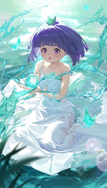 Anime picture 2000x3500 with sousou no frieren fern (sousou no frieren) shi classmate single tall image highres short hair sitting purple eyes looking away purple hair partially submerged magic wariza strap slip alternate age younger animal on head bird on head girl