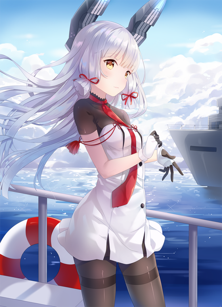 Anime-Bild 762x1052 mit kantai collection murakumo destroyer hitsukuya single long hair tall image blush standing holding looking away sky silver hair cloud (clouds) outdoors wind short sleeves orange eyes tress ribbon remodel (kantai collection) girl