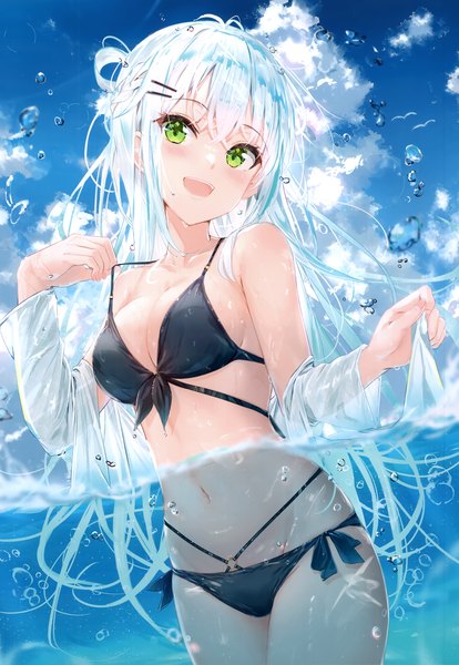 Anime picture 2405x3485 with original na kyo single long hair tall image looking at viewer blush fringe highres breasts open mouth light erotic smile standing green eyes sky silver hair cloud (clouds) outdoors :d