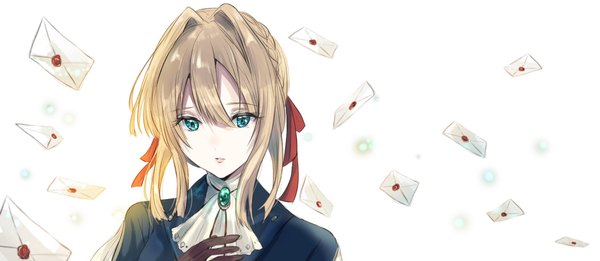 Anime picture 1948x850 with violet evergarden kyoto animation violet evergarden (character) kayanogura single fringe highres short hair blue eyes blonde hair hair between eyes wide image white background upper body girl ribbon (ribbons) hair ribbon ascot brooch letter