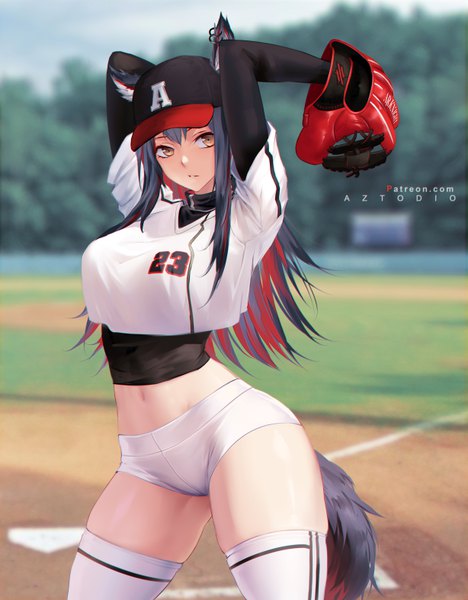 Anime picture 4905x6288 with arknights texas (arknights) azto dio single long hair tall image looking at viewer fringe highres breasts light erotic black hair hair between eyes standing brown eyes signed animal ears absurdres sky outdoors
