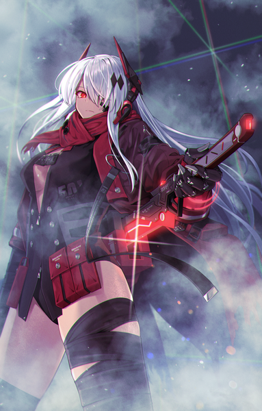 Anime picture 1798x2818 with punishing: gray raven alpha (punishing: gray raven) lucia: crimson abyss (punishing: gray raven) greenkohgen single long hair tall image looking at viewer fringe highres light erotic red eyes silver hair hair over one eye sparkle unsheathing girl weapon sword scarf