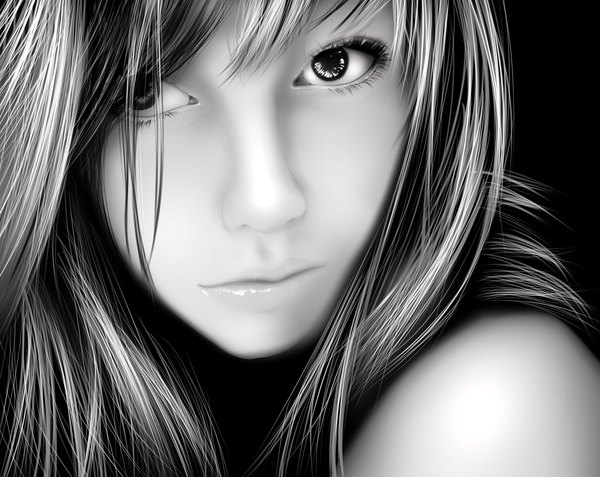 Anime picture 1508x1200 with kiyomin single long hair looking at viewer fringe simple background grey hair realistic grey eyes black background monochrome portrait close-up face girl