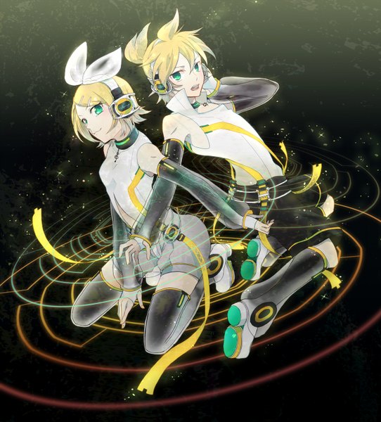 Anime picture 1274x1409 with vocaloid vocaloid append kagamine rin kagamine len kagamine rin (append) kagamine len (append) ikuryomaga tall image short hair blonde hair aqua eyes kneeling black background twins back to back girl boy bow hair bow detached sleeves