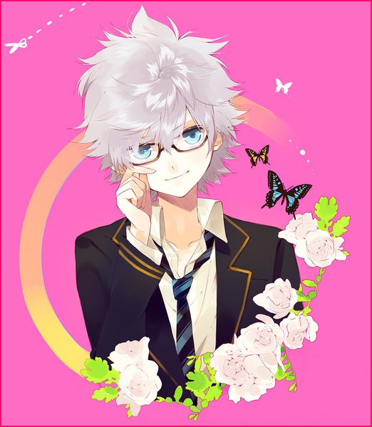 Anime picture 870x1000 with hunter x hunter killua zaoldyeck hssno108 single tall image looking at viewer fringe short hair blue eyes simple background hair between eyes silver hair upper body head tilt light smile portrait pink background open collar bespectacled boy