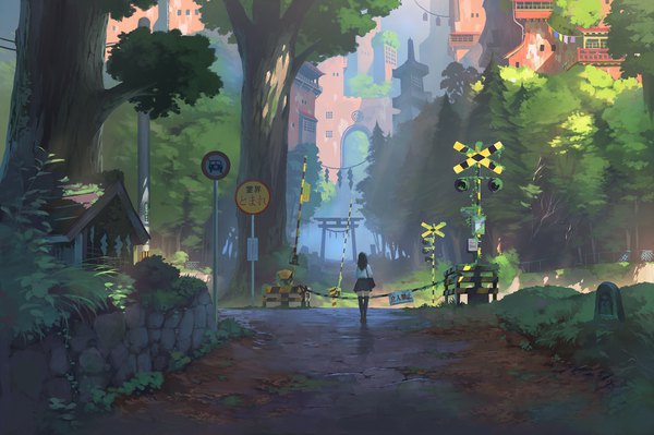 Anime-Bild 2000x1333 mit original doora (dora0913) single long hair highres black hair standing full body outdoors pleated skirt from behind shadow city cityscape railroad crossing girl thighhighs skirt black thighhighs plant (plants)