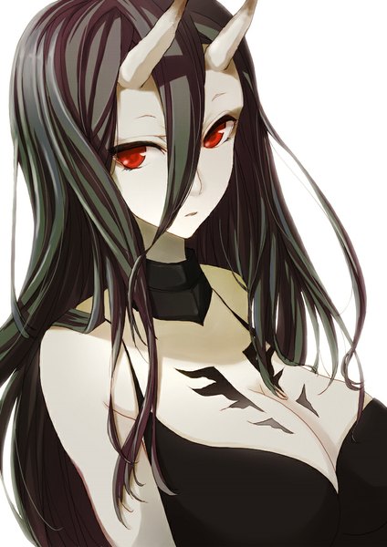 Anime picture 724x1024 with kantai collection battleship-symbiotic hime kuroneko nero single long hair tall image looking at viewer breasts light erotic black hair simple background hair between eyes red eyes white background bare shoulders cleavage tattoo huge breasts pale skin expressionless