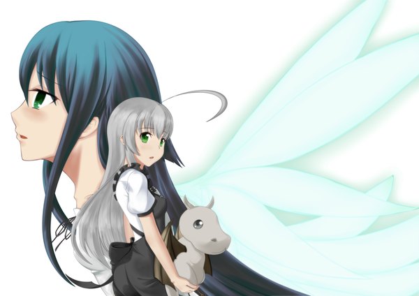 Anime picture 3507x2480 with haiyore! nyaruko-san saya no uta nitroplus nyaruko saya (saya no uta) zatsuon (zatune) long hair highres simple background white background multiple girls green eyes blue hair absurdres silver hair ahoge girl 2 girls wings