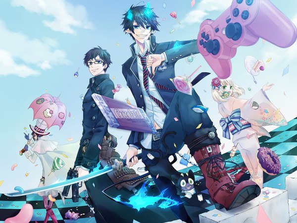 Anime picture 1024x768 with ao no exorcist a-1 pictures okumura rin okumura yukio moriyama shiemi mephisto pheles nii (ao no exorcist) short hair blue eyes black hair blonde hair green eyes sky cloud (clouds) tail japanese clothes looking back hair flower horn (horns) pointy ears