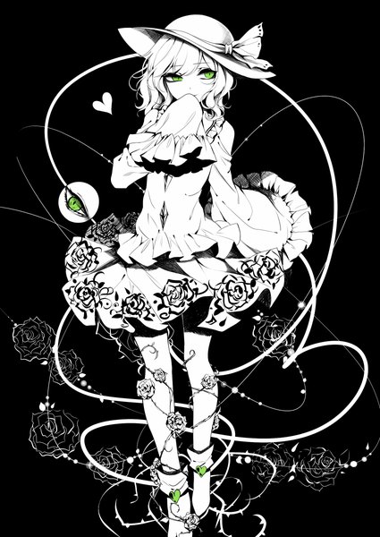 Anime picture 1700x2400 with touhou komeiji koishi sheya single long hair tall image fringe smile standing green eyes looking away long sleeves wide sleeves floral print black background sleeves past wrists monochrome wavy hair covered mouth hand to mouth