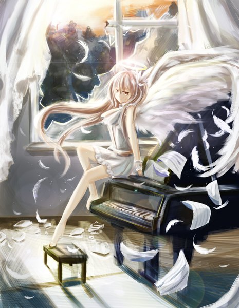 Anime picture 2480x3200 with original akatsukiame single long hair tall image looking at viewer fringe highres blonde hair wind arm support legs floor white wings angel girl dress wings frills window