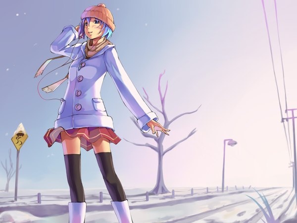 Anime picture 1600x1200 with original foge single highres short hair blue eyes blue hair zettai ryouiki snowing winter snow street thighhighs skirt plant (plants) hat tree (trees) boots headphones scarf