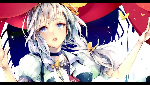 Anime picture 1033x590 with original azumi single long hair fringe open mouth blue eyes wide image white hair braid (braids) short sleeves puffy sleeves twin braids spread arms close-up girl insect butterfly