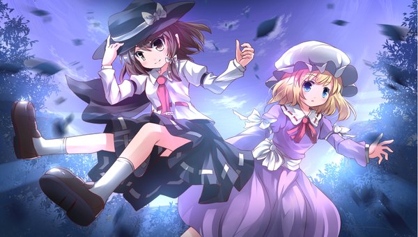 Anime picture 2205x1254 with touhou usami renko maribel hearn risutaru looking at viewer blush fringe highres short hair blue eyes blonde hair smile hair between eyes brown hair wide image standing multiple girls brown eyes sky cloud (clouds)