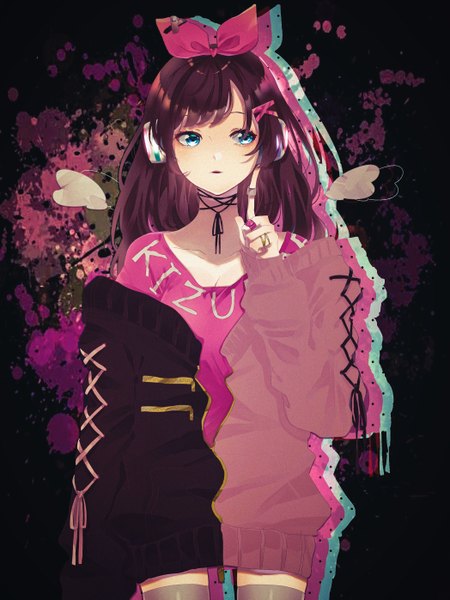 Anime picture 2096x2794 with virtual youtuber a.i. channel kizuna ai huguru (xwhd8838) single long hair tall image fringe highres open mouth blue eyes simple background brown hair looking away blunt bangs off shoulder alternate costume black background clothes writing pointing