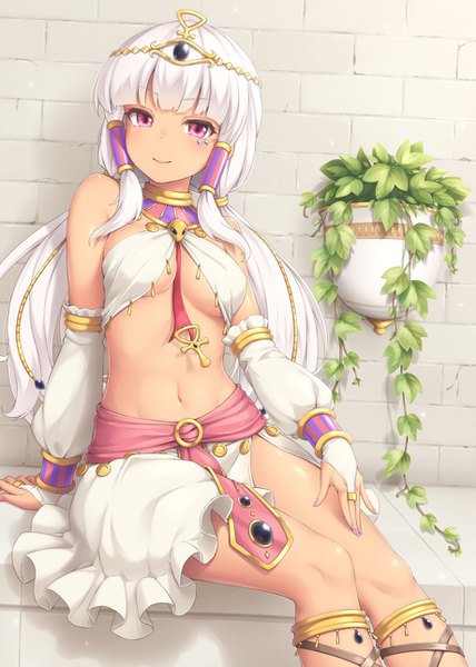 Anime picture 920x1290 with original sasaame single long hair tall image looking at viewer fringe light erotic smile sitting bare shoulders payot white hair blunt bangs nail polish traditional clothes pink eyes against wall brick wall girl