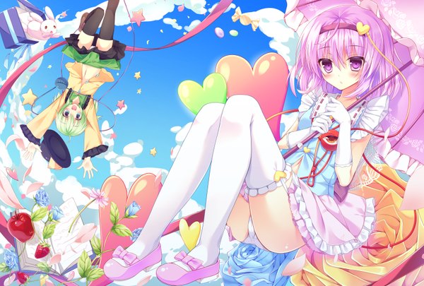 Anime picture 1598x1080 with touhou komeiji koishi komeiji satori kinokomushi long hair blush open mouth blue eyes light erotic smile multiple girls pink hair sky cloud (clouds) ahoge bent knee (knees) pleated skirt pink eyes green hair pantyshot