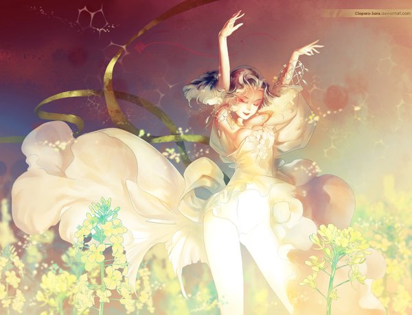Anime picture 1339x1024 with original claparo-sans single long hair breasts open mouth smile brown hair eyes closed wind inscription arms up armpit (armpits) legs light girl dress flower (flowers) ribbon (ribbons)