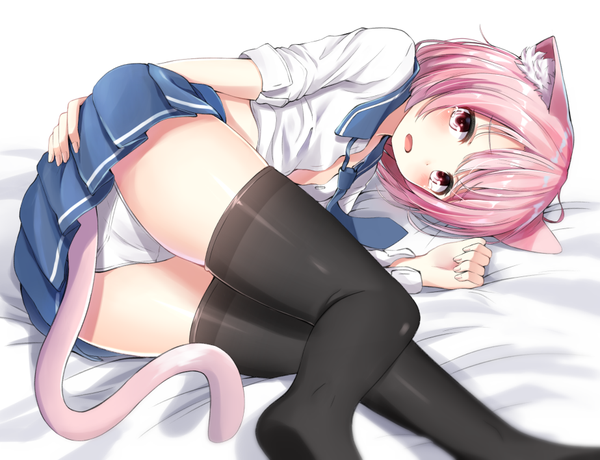 Anime picture 923x709 with original superpig (wlstjqdla) looking at viewer blush fringe short hair open mouth light erotic animal ears pink hair bent knee (knees) tail lying animal tail pleated skirt cat ears cat girl cat tail grey eyes pantyshot