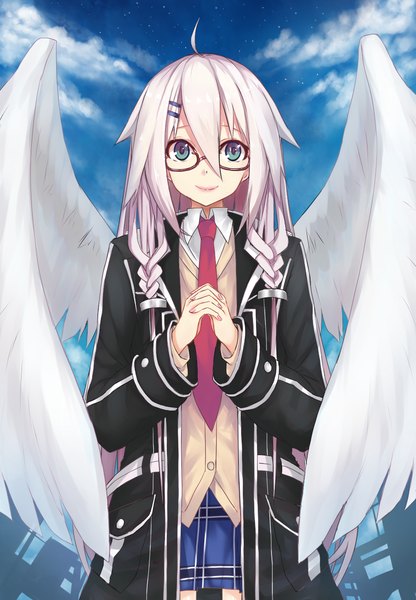 Anime picture 970x1400 with vocaloid ia (vocaloid) echj single long hair tall image looking at viewer blue eyes pink hair sky cloud (clouds) ahoge braid (braids) lipstick twin braids plaid skirt angel wings interlocked fingers girl skirt