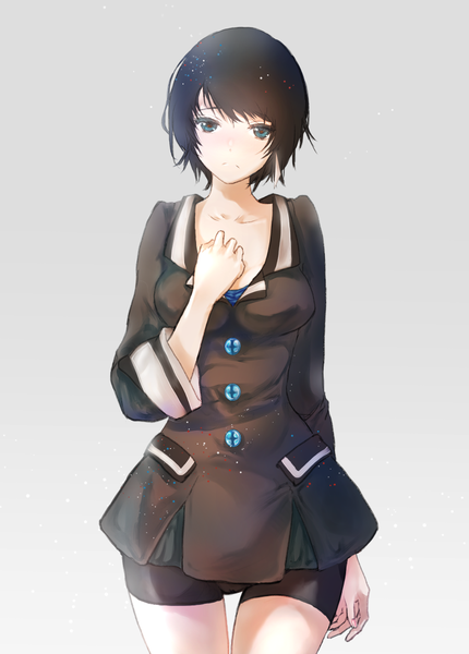 Anime picture 781x1090 with zankyou no terror mappa mishima risa renon (tenle) single tall image looking at viewer fringe short hair breasts blue eyes black hair simple background large breasts standing grey background light girl shorts short shorts