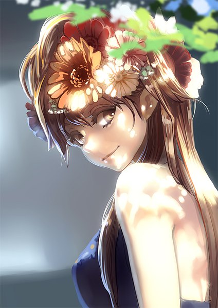 Anime picture 566x800 with original aro (charged time out) single long hair tall image fringe smile brown hair bare shoulders brown eyes upper body looking back hair flower sunlight turning head girl flower (flowers)