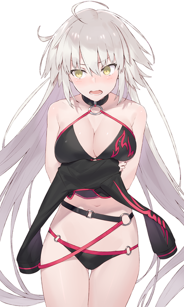 Anime picture 682x1136 with fate (series) fate/grand order jeanne d'arc (fate) (all) jeanne d'arc alter (fate) jeanne d'arc alter (swimsuit berserker) (fate) hayashi kewi single tall image blush fringe breasts open mouth light erotic simple background hair between eyes standing white background bare shoulders holding yellow eyes