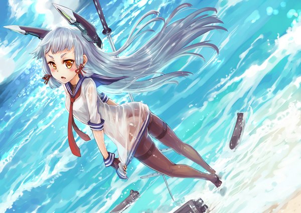 Anime picture 1637x1158 with kantai collection murakumo destroyer ks single long hair blush open mouth yellow eyes silver hair wet clothes tress ribbon wringing clothes girl hair ornament ribbon (ribbons) hair ribbon pantyhose necktie sea sailor suit