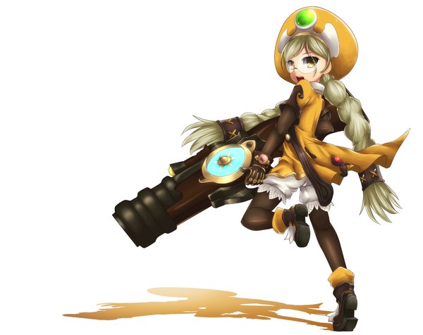 Anime picture 1700x1350 with dragon nest academic (dragon nest) fi-san single long hair looking at viewer open mouth white background twintails yellow eyes braid (braids) grey hair girl weapon glasses boots headdress huge weapon knickers