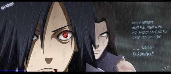 Anime picture 2298x996 with naruto studio pierrot naruto (series) uchiha madara senju hashirama naruto999-by-roker long hair highres black hair red eyes wide image sky cloud (clouds) black eyes inscription multiple boys coloring torn clothes close-up rain
