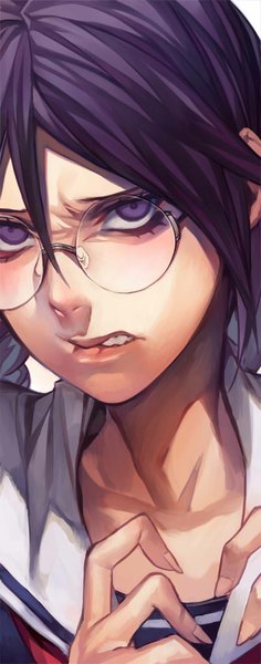 Anime picture 400x1015 with dangan ronpa fukawa touko irohara mitabi single long hair tall image looking at viewer purple eyes purple hair portrait girl glasses serafuku