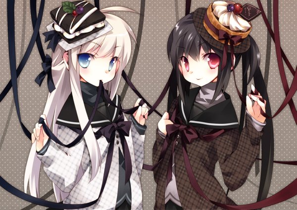 Anime picture 1461x1033 with original ech long hair blue eyes black hair red eyes twintails multiple girls white hair loli girl ribbon (ribbons) 2 girls hat sweets cake