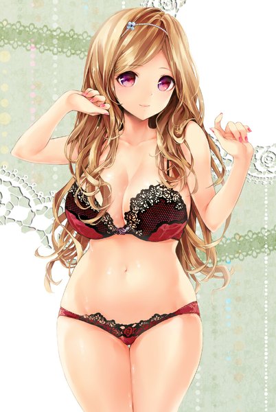 Anime picture 670x1000 with original koshika rina single long hair tall image looking at viewer breasts light erotic blonde hair large breasts purple eyes bare shoulders cleavage nail polish light smile underwear only lace-trimmed bra pink nail polish lace-trimmed panties girl