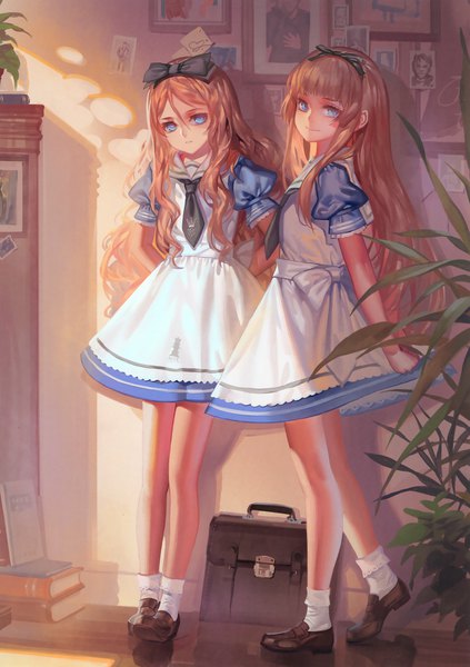 Anime picture 2326x3298 with alice in wonderland alice (wonderland) alphonse (white datura) long hair tall image looking at viewer fringe highres blue eyes blonde hair smile hair between eyes multiple girls full body scan official art shadow short sleeves puffy sleeves wavy hair