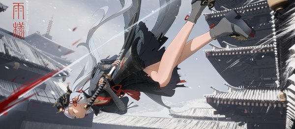 Anime picture 3876x1700 with genshin impact kamisato ayaka ame999 single long hair fringe highres wide image holding signed sky silver hair full body bent knee (knees) outdoors ponytail blunt bangs eyes closed traditional clothes mole