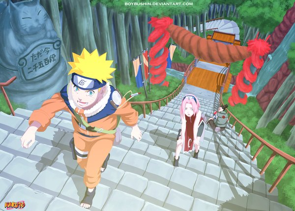 Anime picture 3073x2200 with naruto studio pierrot naruto (series) uzumaki naruto haruno sakura nara shikamaru boybushin highres short hair open mouth blue eyes black hair blonde hair smile green eyes pink hair absurdres looking back from above multiple boys