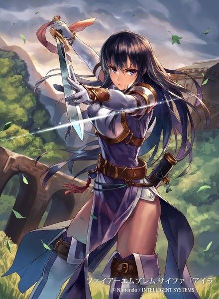 Anime picture 596x811 with fire emblem fire emblem: genealogy of the holy war fire emblem cipher aira (fire emblem) mismi single long hair tall image fringe black hair hair between eyes standing purple eyes holding looking away outdoors official art mountain fighting stance girl