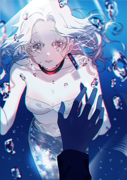 Anime picture 1169x1654 with original p (pkochan) long hair tall image looking at viewer breasts cleavage white hair grey eyes tears floating hair solo focus underwater against glass girl collar single earring mermaid