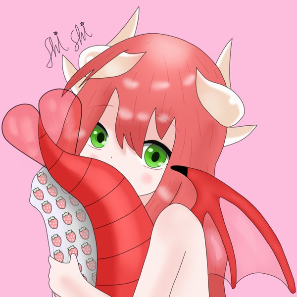 Anime picture 1500x1500 with original shishi gum single long hair looking at viewer fringe simple background hair between eyes green eyes signed upper body red hair tail horn (horns) pink background covered mouth dragon girl dragon tail dragon wings girl