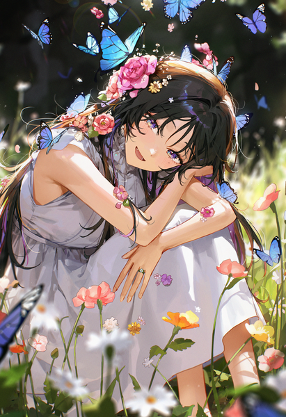 Anime picture 2000x2917 with original kellymonica02 single long hair tall image looking at viewer blush fringe highres open mouth blue eyes black hair smile hair between eyes sitting outdoors head tilt :d hair flower blurry
