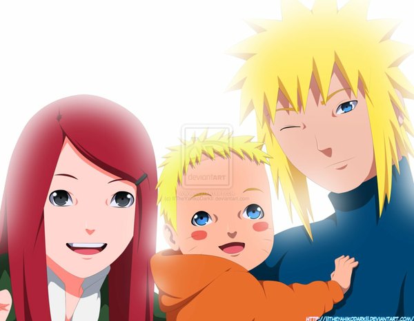 Anime picture 1013x788 with naruto studio pierrot naruto (series) uzumaki naruto namikaze minato uzumaki kushina iitheyahikodarkii long hair looking at viewer blush short hair open mouth blue eyes blonde hair simple background smile white background red hair coloring facial mark