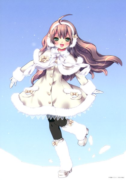 Anime picture 2446x3500 with kamiya maneki single long hair tall image blush highres brown hair green eyes scan girl bow boots headphones