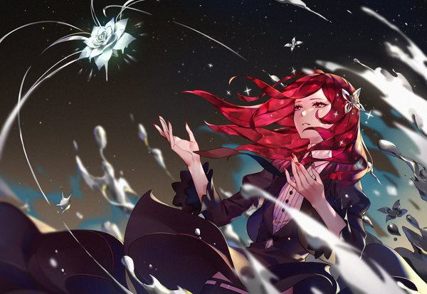 Anime picture 2424x1669 with houseki no kuni cinnabar (houseki no kuni) q9q single long hair highres red eyes looking away red hair androgynous hair ornament flower (flowers) butterfly hair ornament mercury